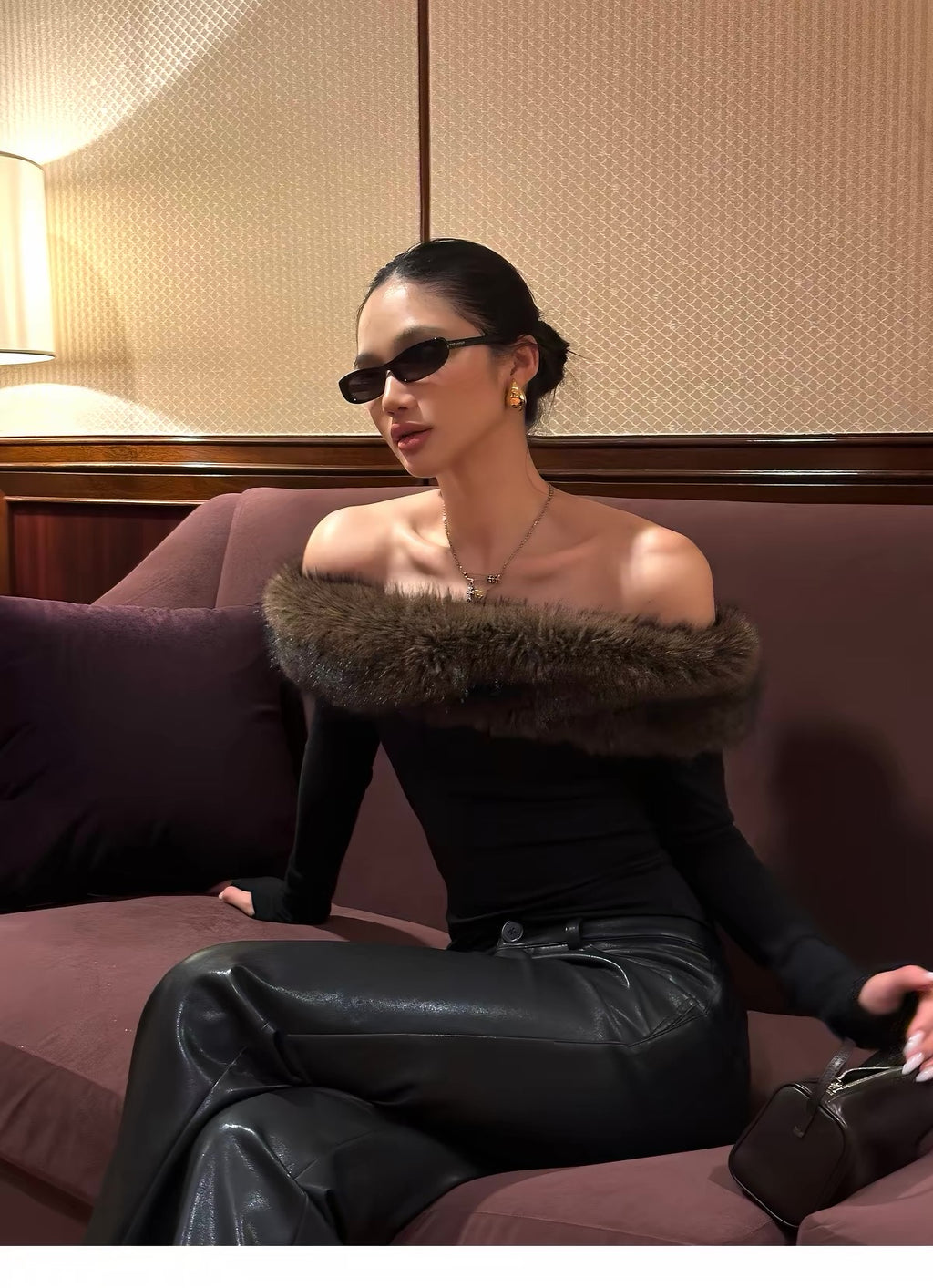 Aveline® Noelle Fur-Trim Off-Shoulder Top