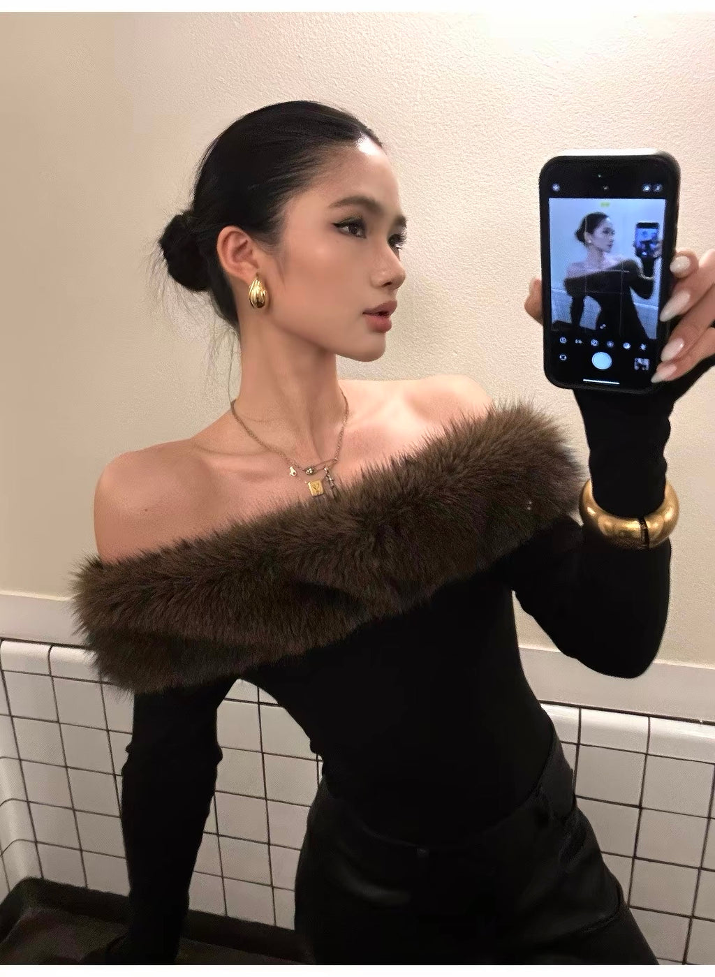 Aveline® Noelle Fur-Trim Off-Shoulder Top