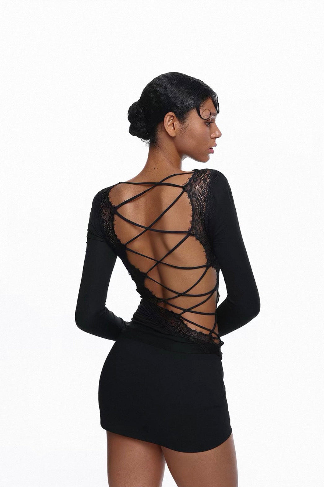 Aveline® Noir Lace Back Mini Dress
